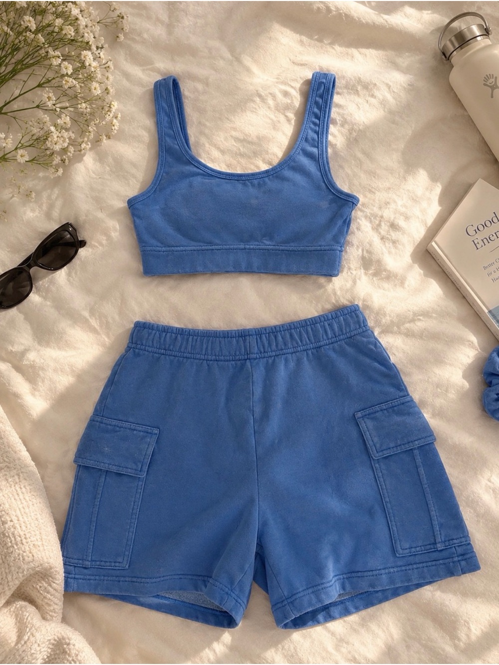 TNA Aritzia Blue Cargo Shorts & Bra Top Matching